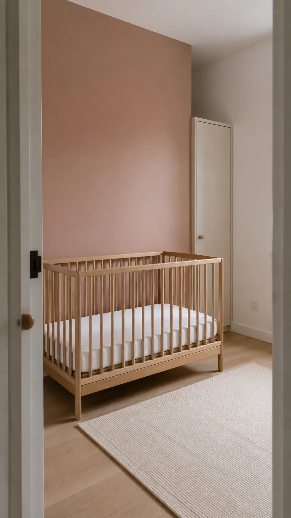 Chalk White and Soft Clay nursery with pale oak crib against a muted clay accent wall