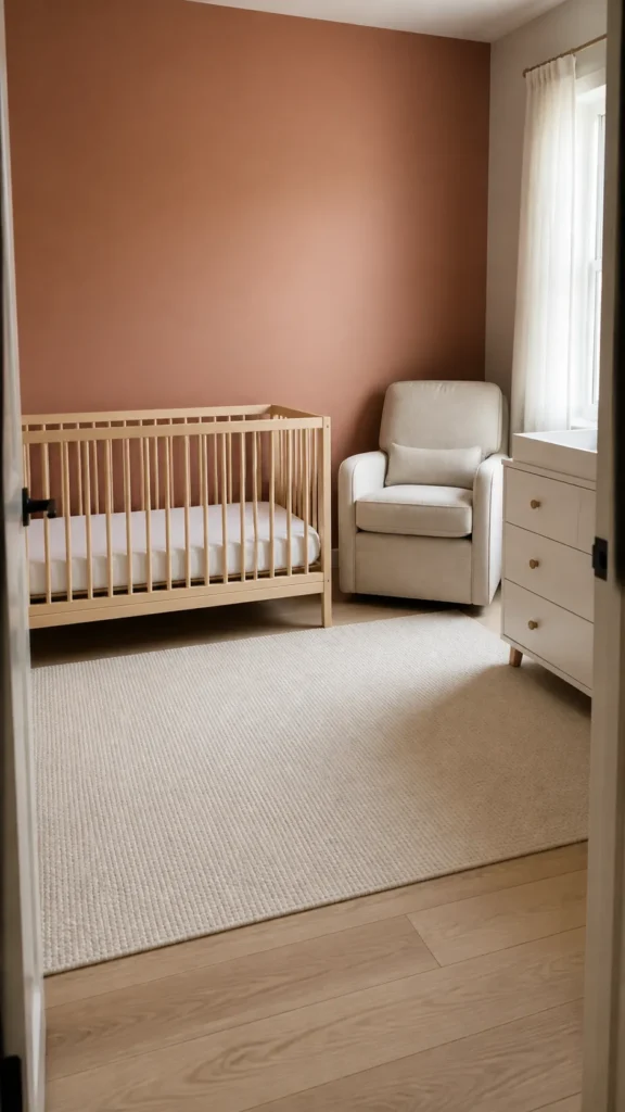 Muted terracotta nursery with pale wood crib and oatmeal feeding chair