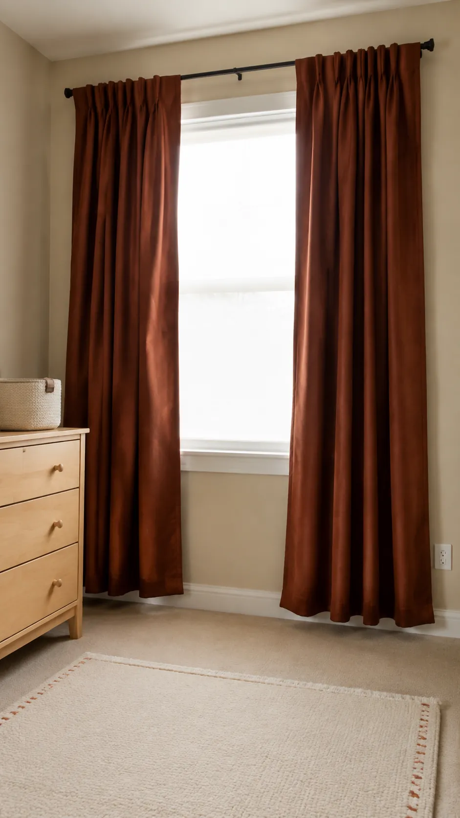 Sand and Deep Rust nursery with substantial deep rust curtains within an existing sand beige room