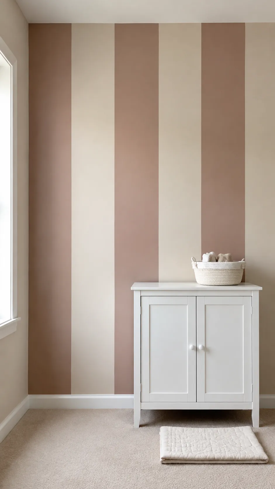 Oatmeal and Clay Stripes nursery with broad painted oatmeal and clay stripes behind a small white cabinet