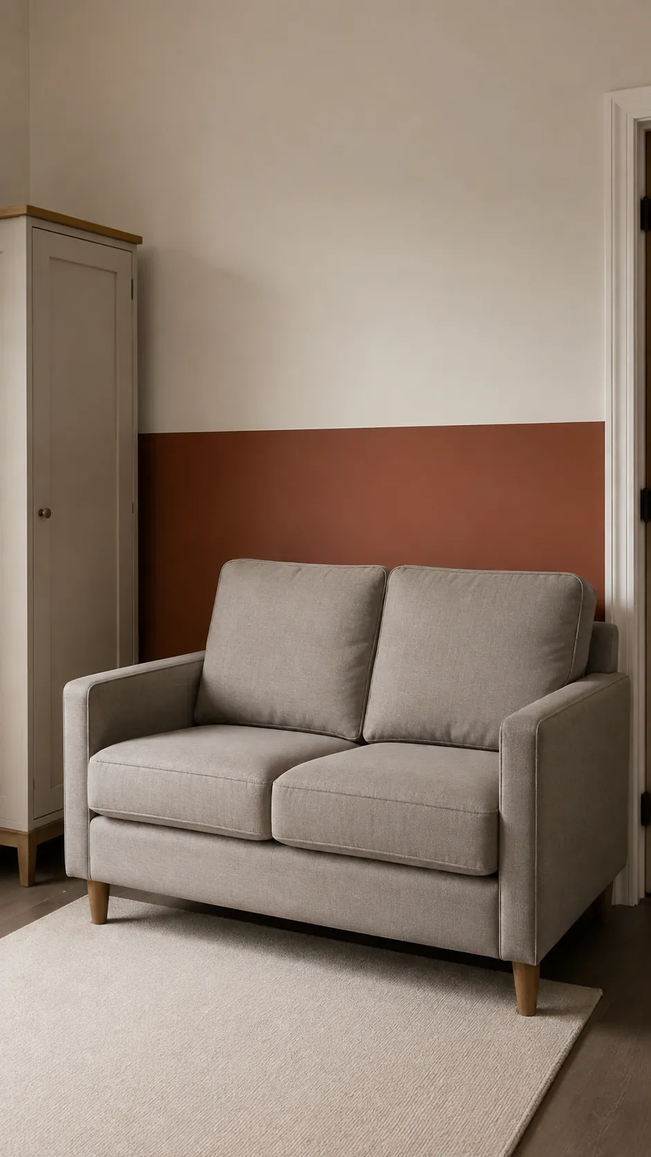 Stone Gray and Brick nursery with stone gray upholstered loveseat beside brick toned lower wall
