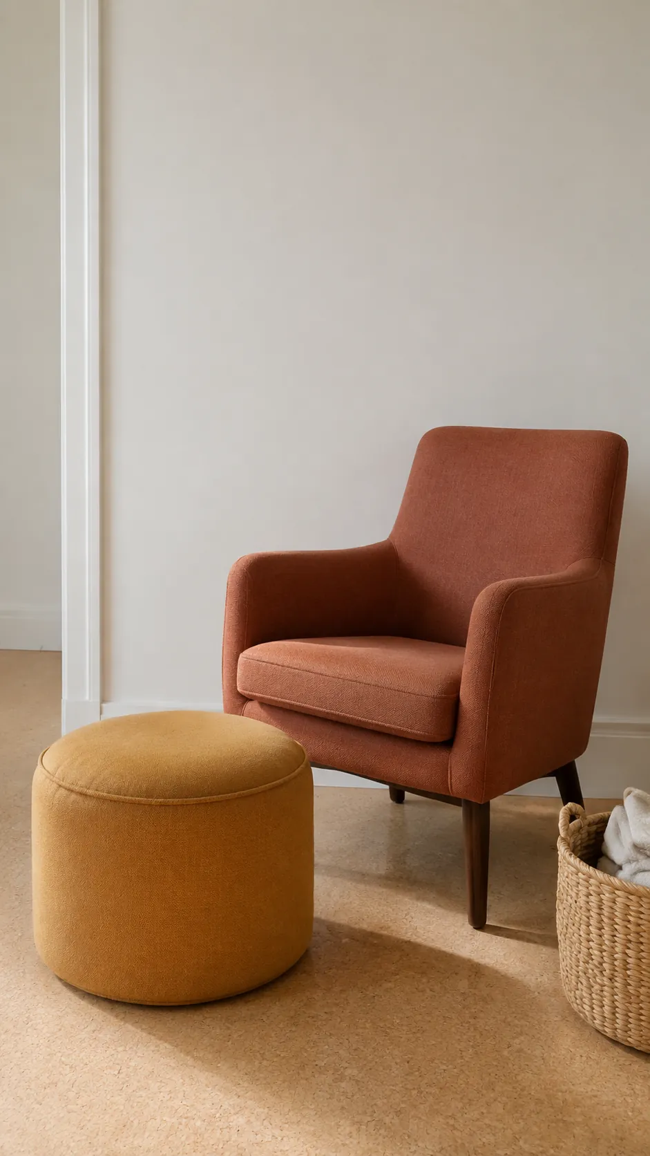 Ochre and Cinnamon Clay nursery with small ochre ottoman beside cinnamon chair