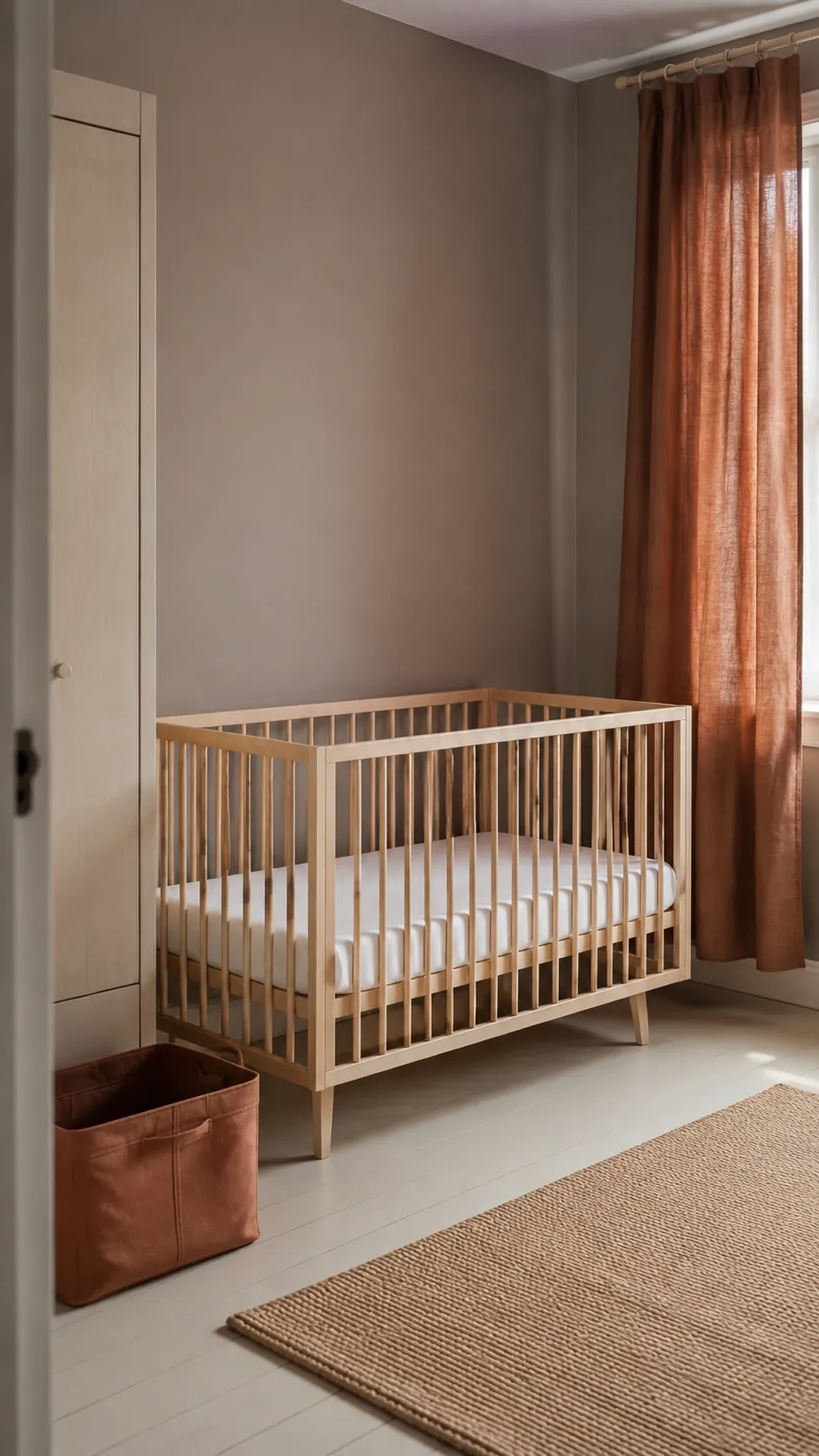 Mushroom and Terracotta Linen nursery with light wood crib and terracotta linen curtain against mushroom walls