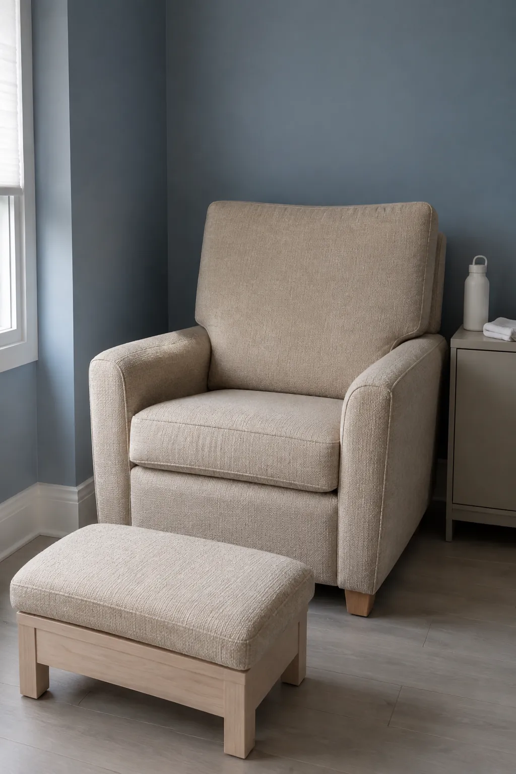 Oatmeal Upholstery Against Blue nursery color scheme