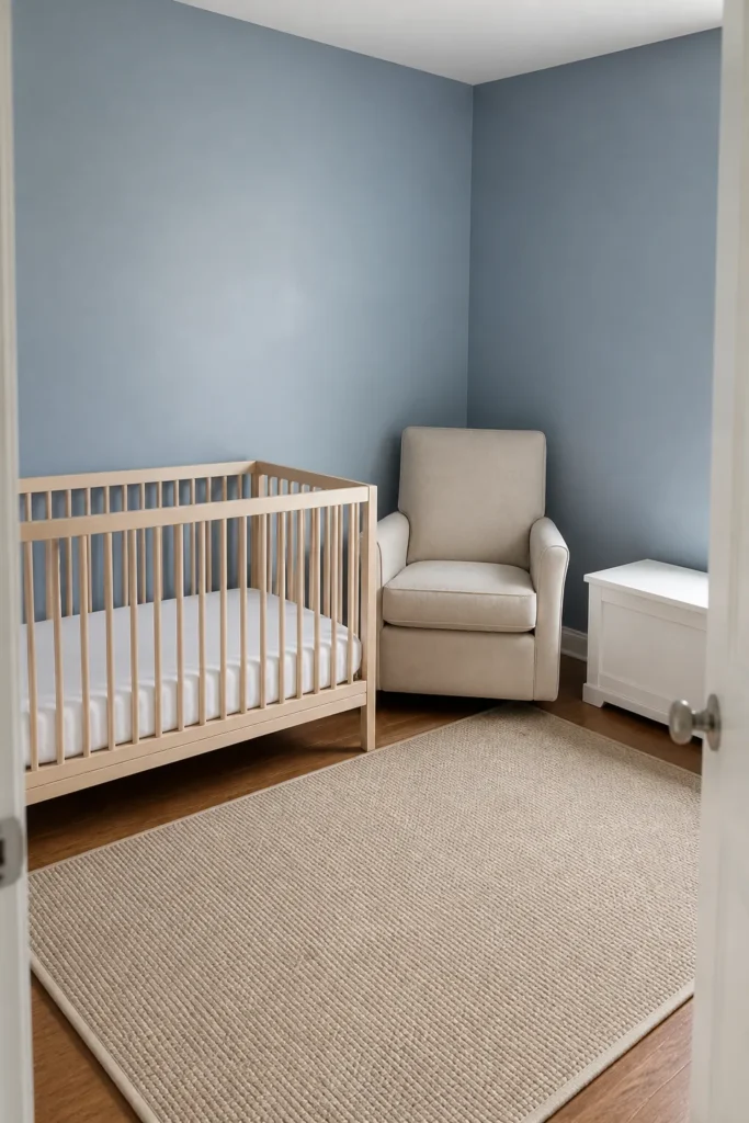 Dusty blue nursery with pale wood crib and oatmeal chair