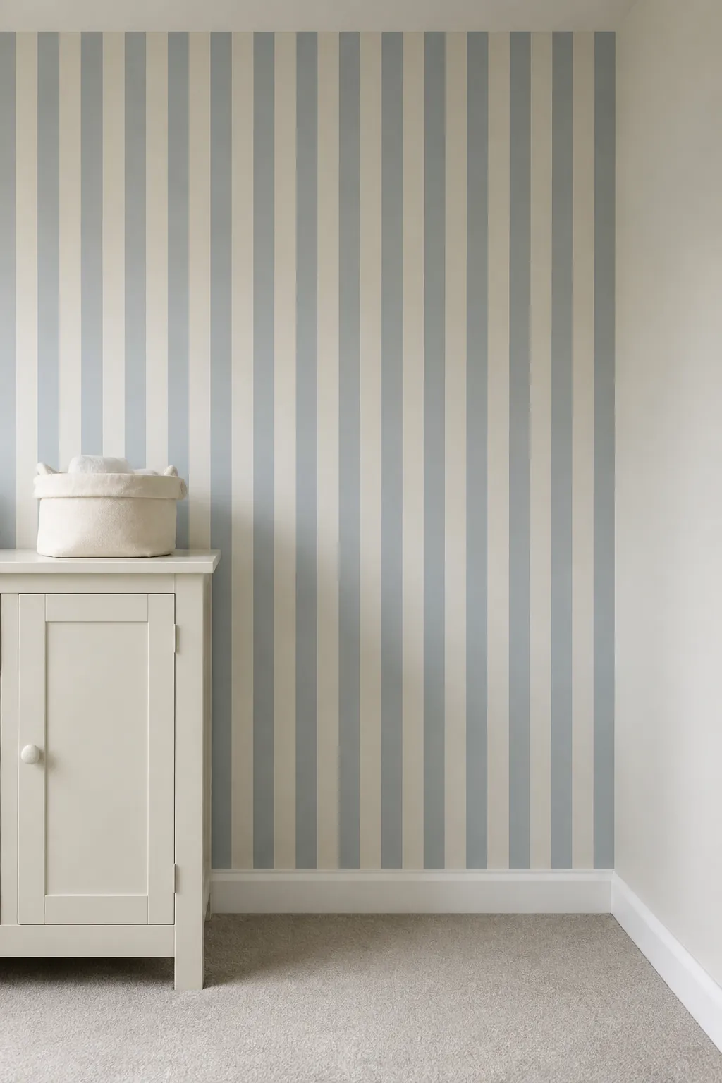 Blue and Ivory Narrow Stripes nursery color scheme