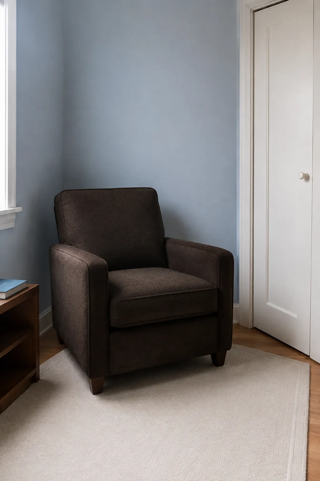 Cocoa Seating With Powdery Blue nursery color scheme