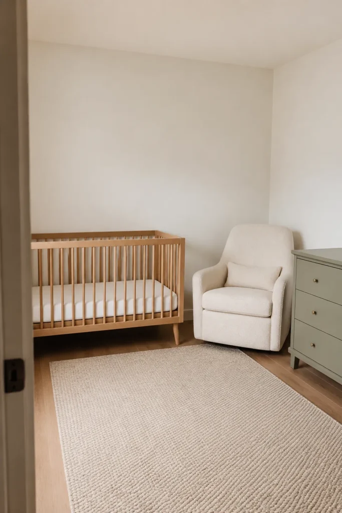 Warm gender neutral nursery with oak crib, cream chair and sage dresser