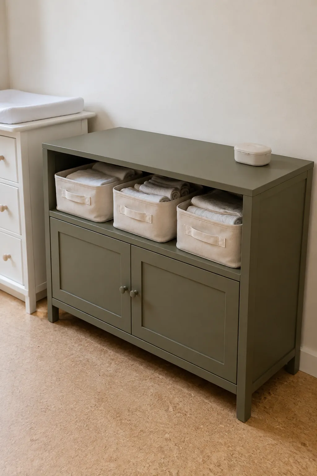 Add a Muted Green Storage Piece in a gender neutral nursery
