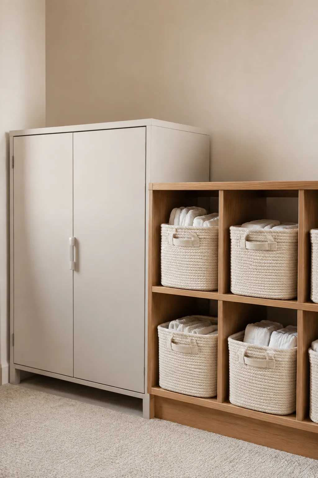 Mix Smooth and Woven Storage in a gender neutral nursery