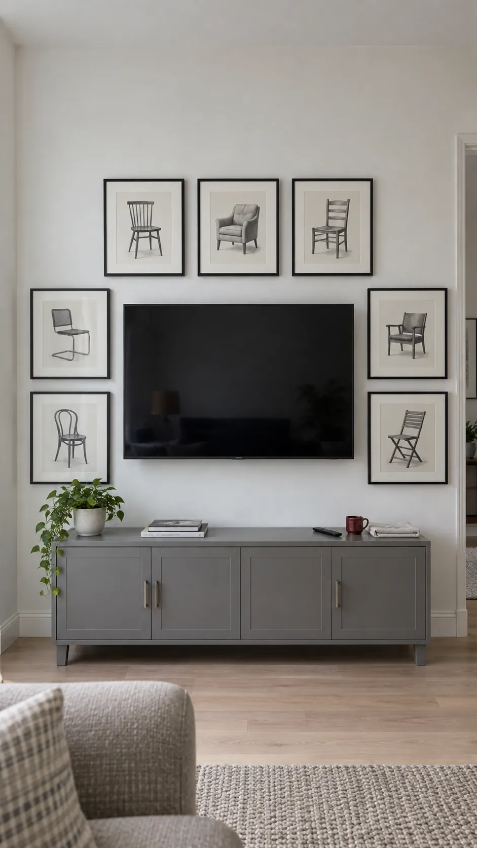 Show a quiet black frame grid making a television belong to a modest living room