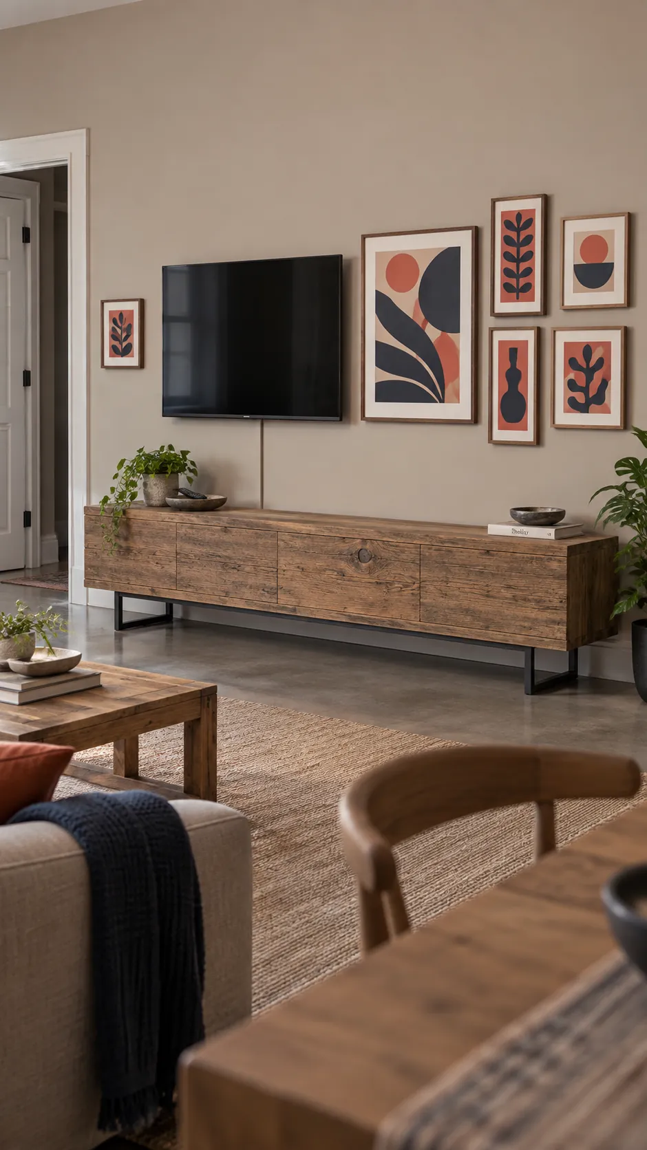 Depict the visual balance of an intentionally asymmetric gallery beside an off center television