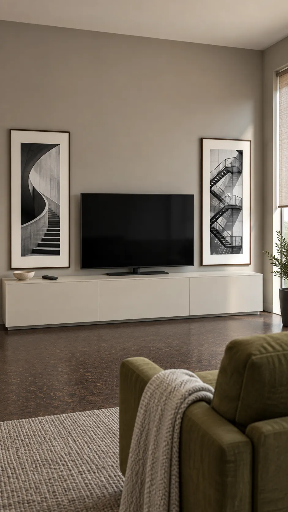Illustrate how two tall prints balance the width of a television without adding overhead clutter