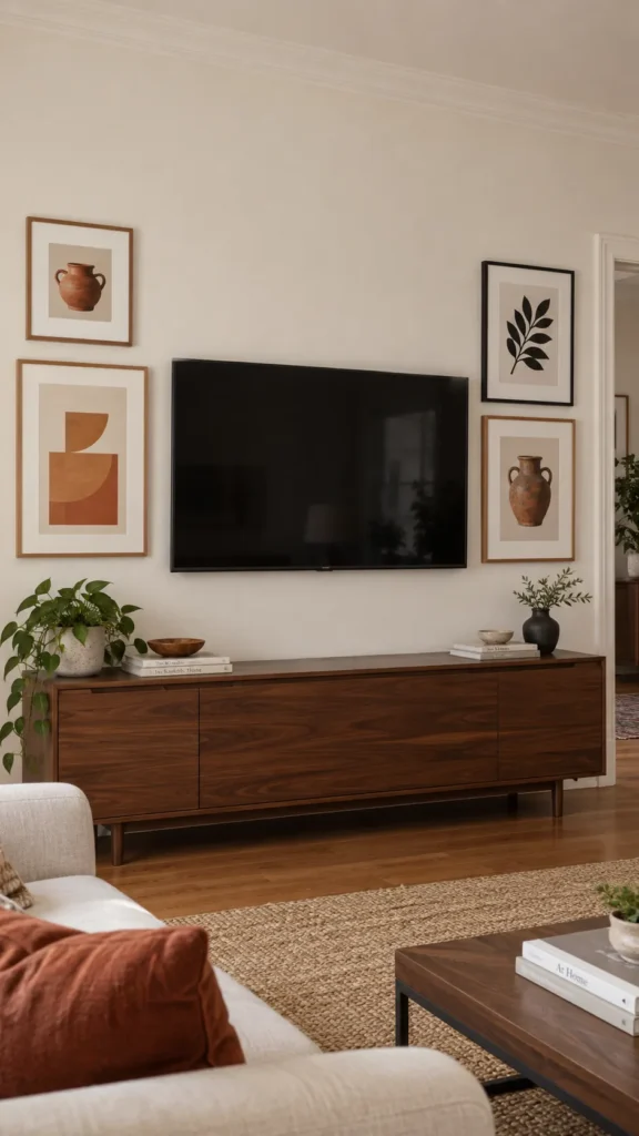 Television integrated into a gallery of vessel and geometric prints above a walnut cabinet