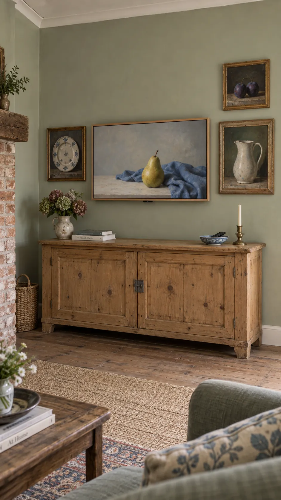 Photograph an art display television that shares a restrained still life vocabulary with real paintings