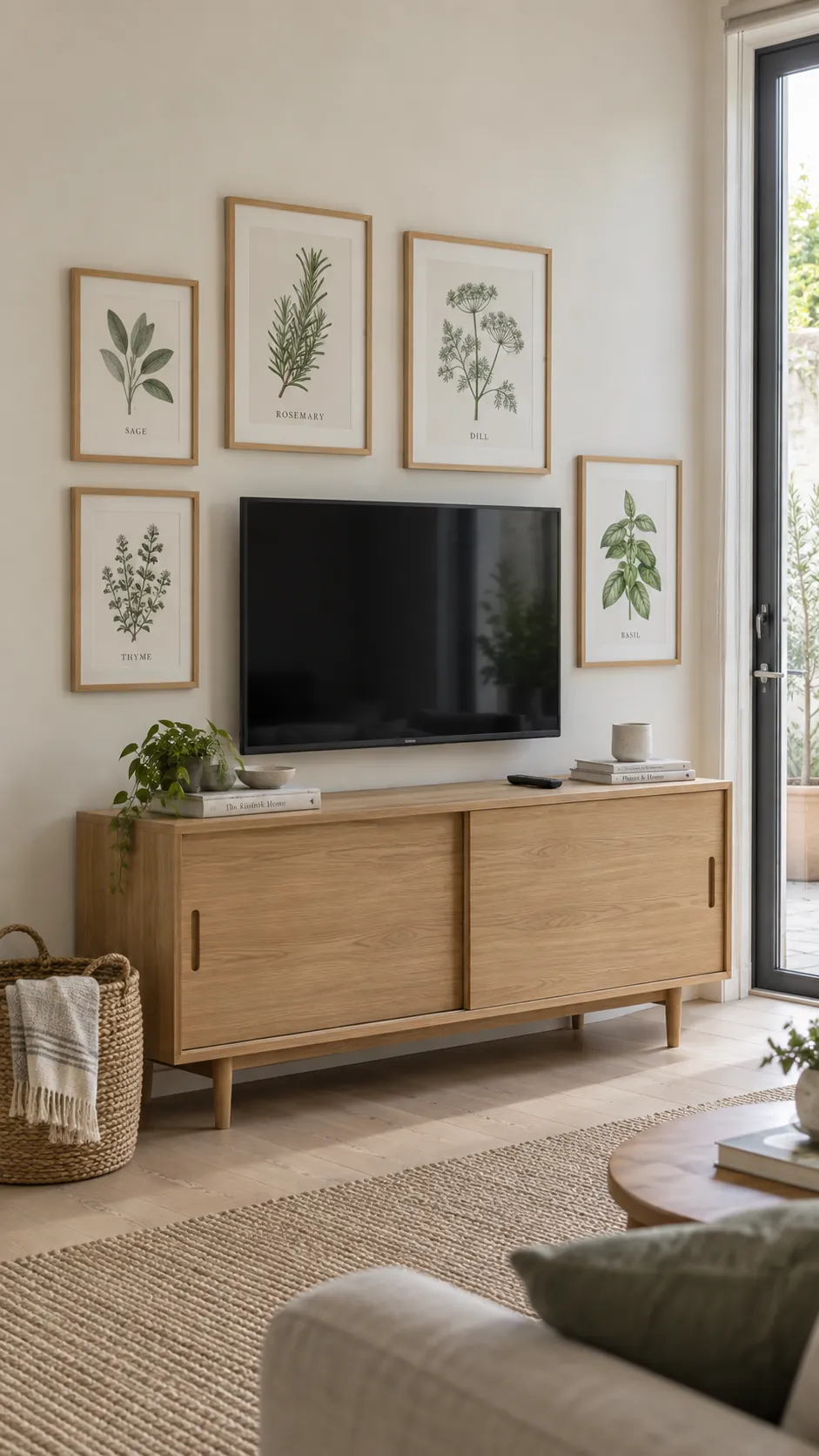 Show warm wood frames softening an ordinary television in an airy ground floor living space