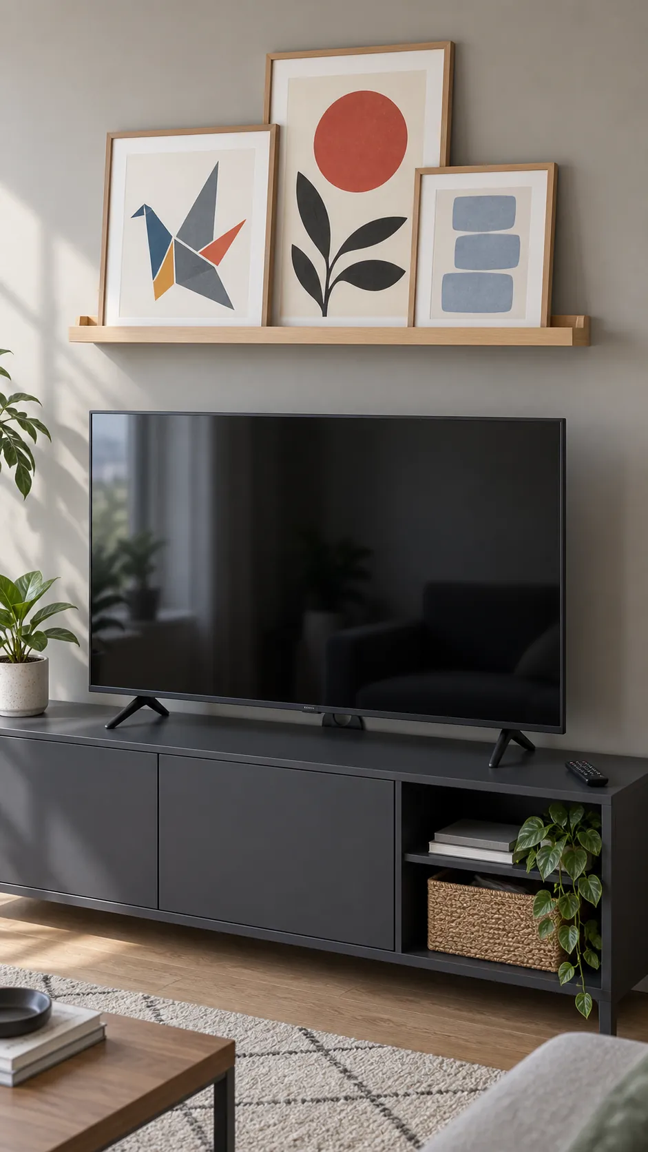 Show a securely installed picture ledge allowing a small print collection to change above a television