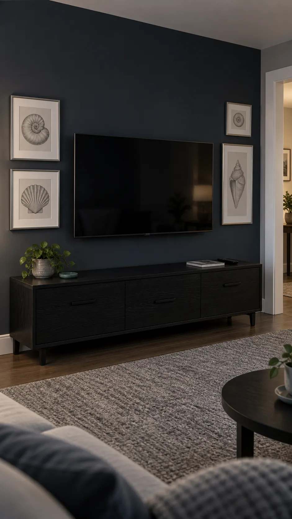 Demonstrate how a dark painted wall reduces the visual contrast of an idle television while pale art remains readable
