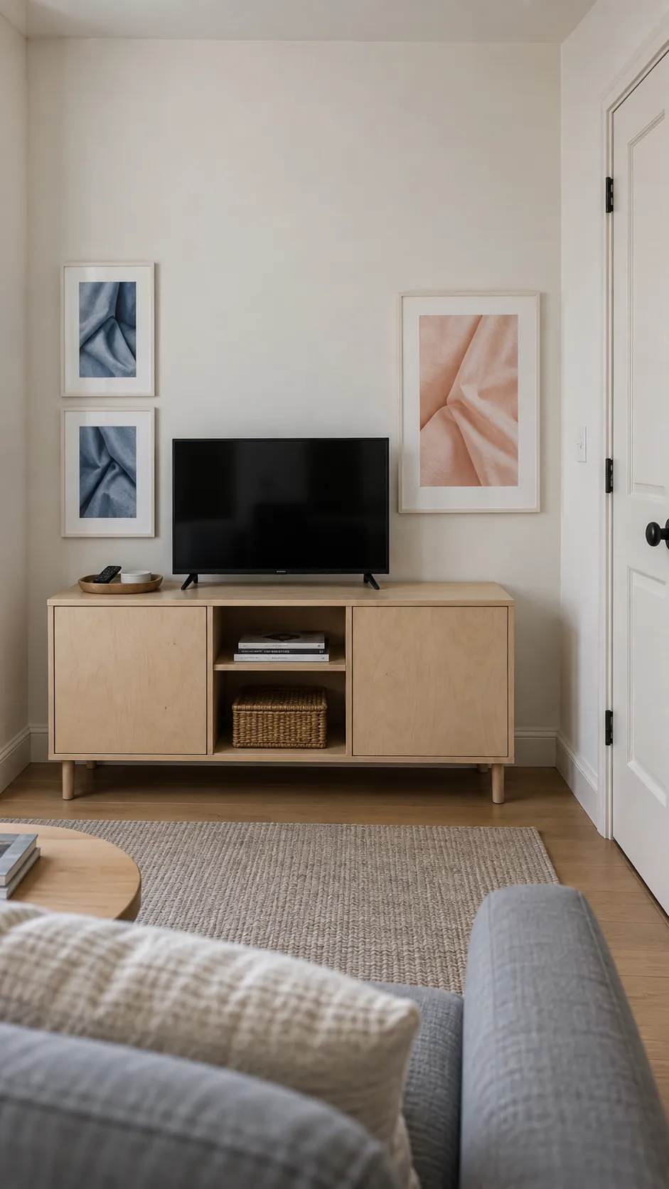 Photograph a small living room that uses only three prints to make a television wall feel complete