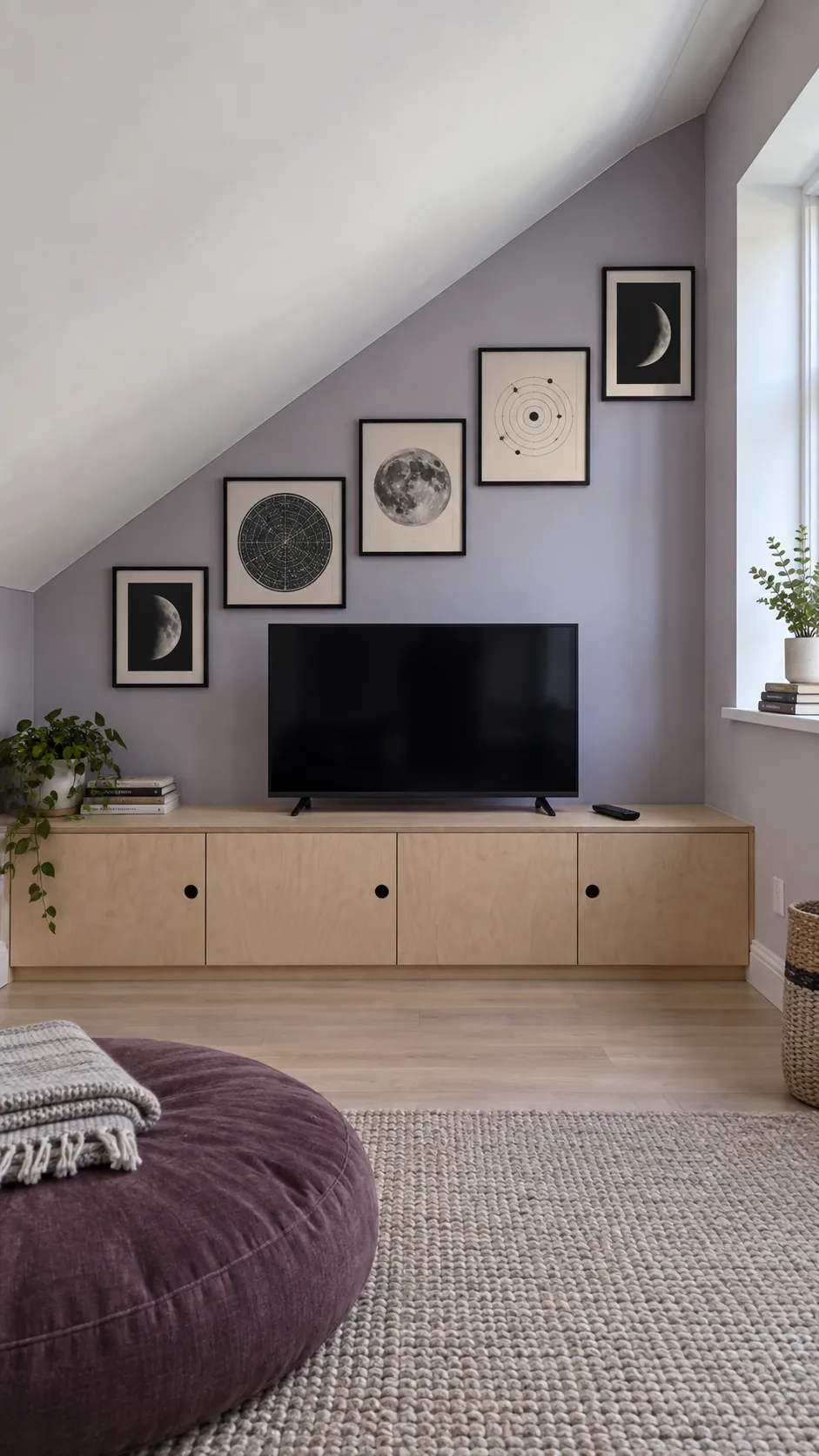 Photograph an attic television gallery that responds to a sloped ceiling with a stepped arrangement