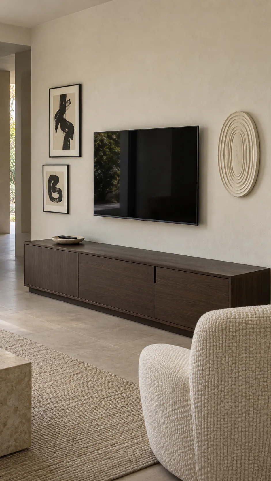 Show one shallow ceramic relief bringing a different shape into a restrained television gallery