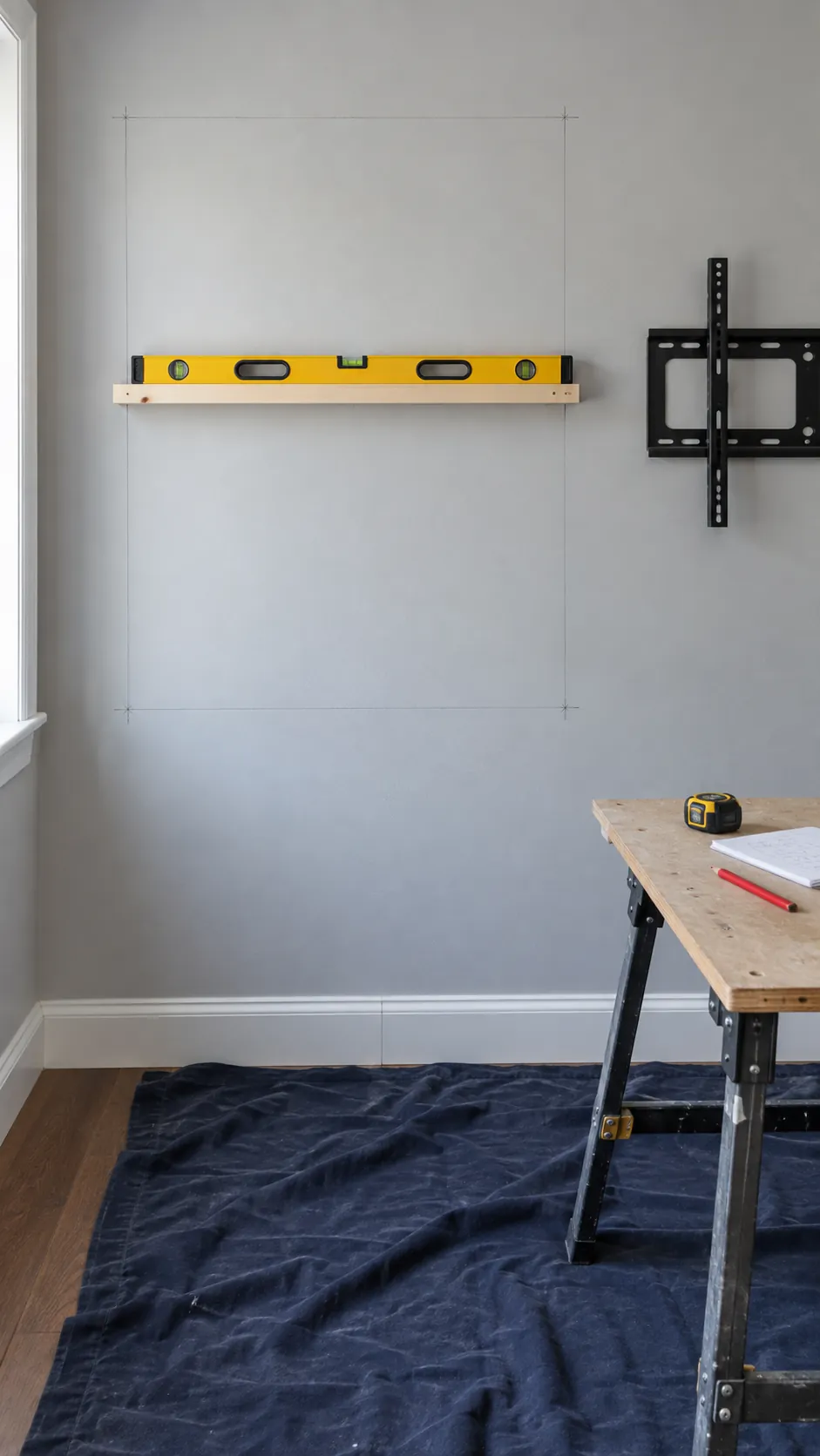 Show accurate layout preparation for rectangular wall molding, focusing on a spirit level, pencil marks, and a measured wall segment