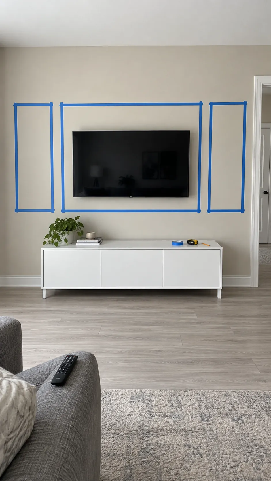Photograph the planning stage of adding picture frame molding to a TV wall, with removable tape clearly showing the intended decorative rectangles