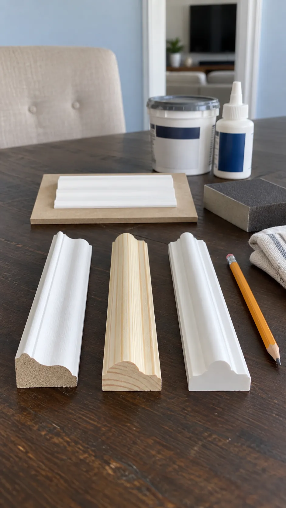 Create a close material selection photograph for decorative picture frame molding around a television