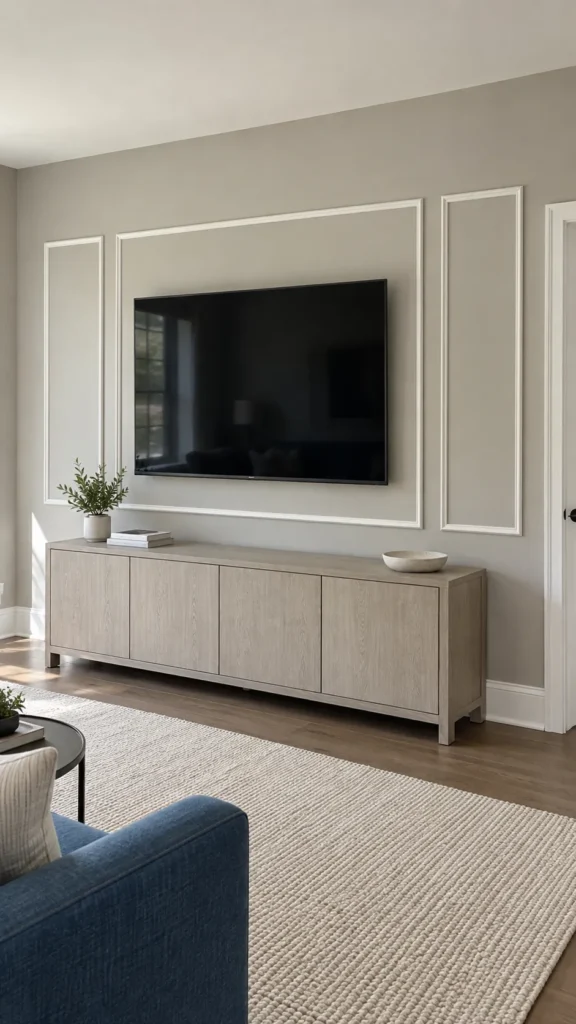 Finished gray picture frame molding TV wall with a pale ash console
