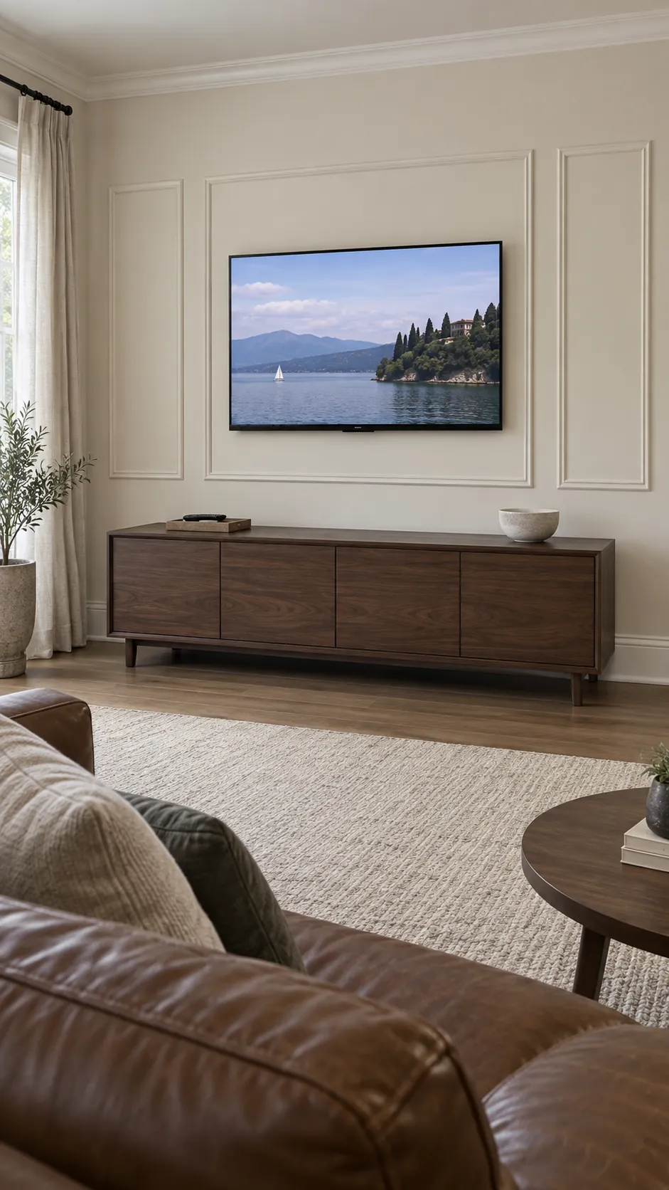 Photograph a completed picture frame molding television wall from its actual seating position, showing that the decorative outlines complement comfortable viewing