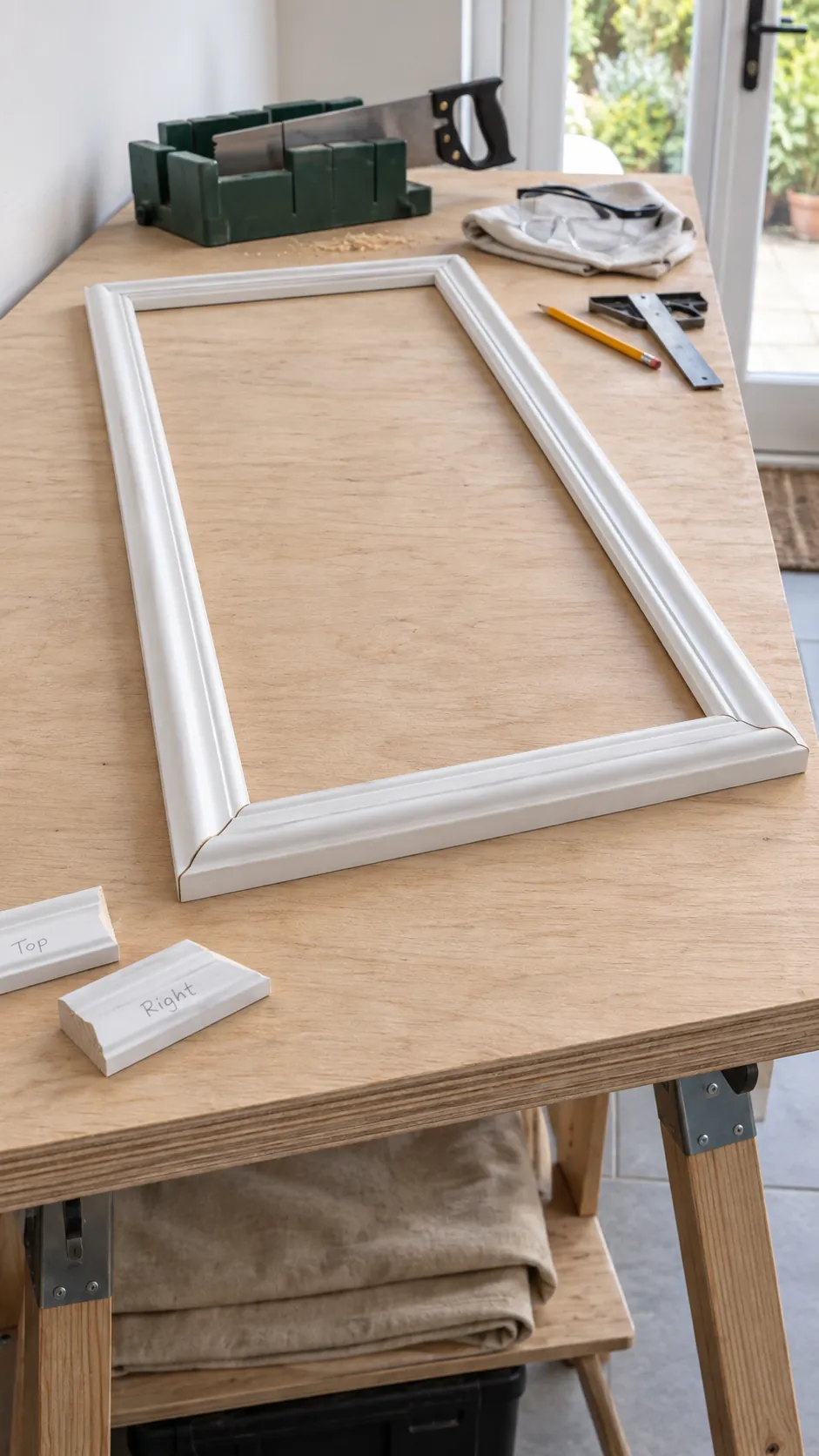 Photograph a dry fitted rectangular molding frame on a protected work surface before attachment to the television wall