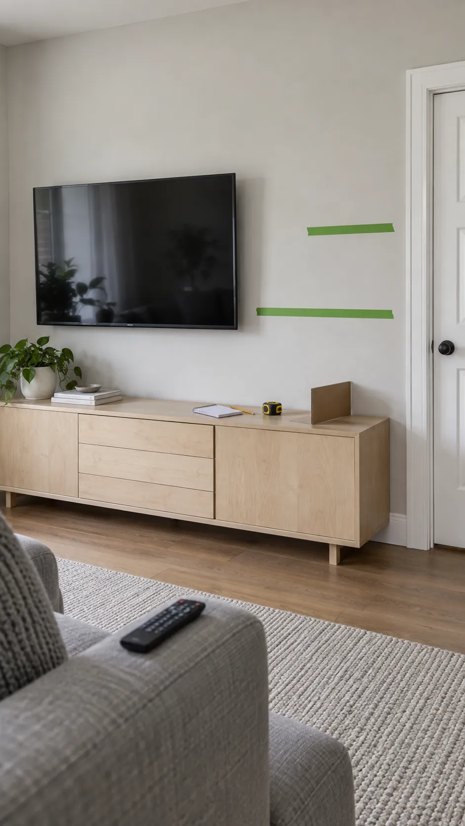 Show a realistic planning moment for floating shelves around a television