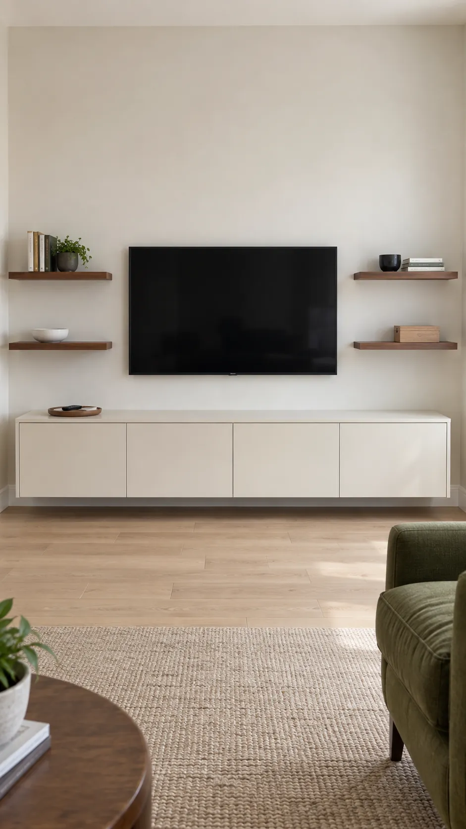 Photograph a balanced television wall with matching pairs of floating shelves at both sides
