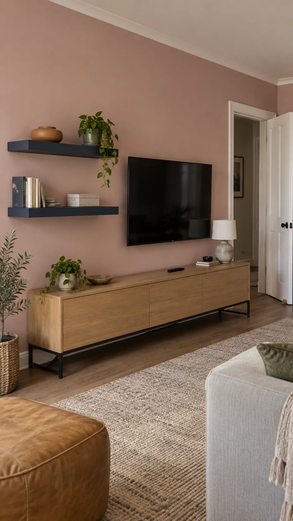 Document an asymmetrical shelf grouping that responds to a doorway beside the television