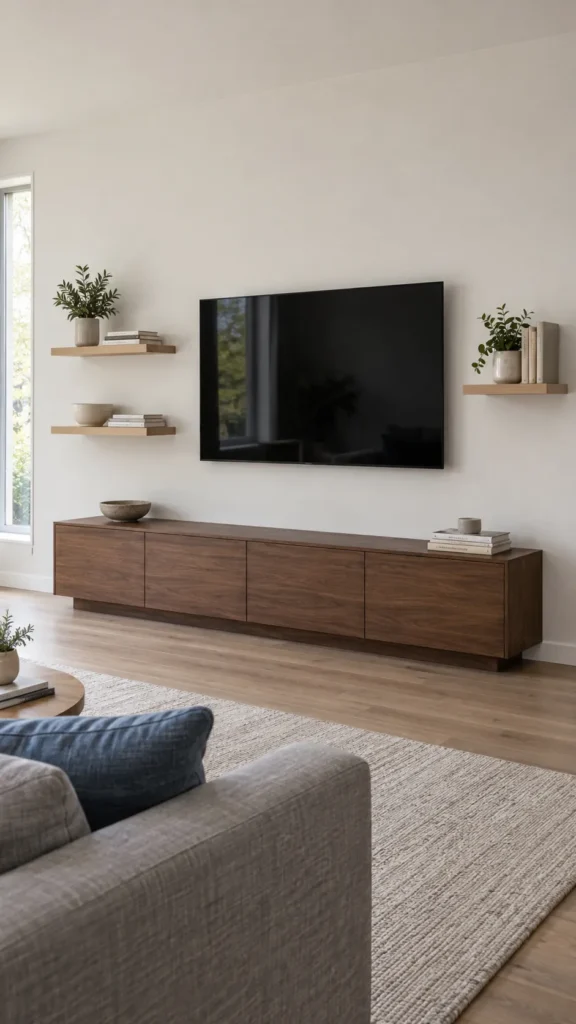 Floating oak shelves arranged with clear space around a television
