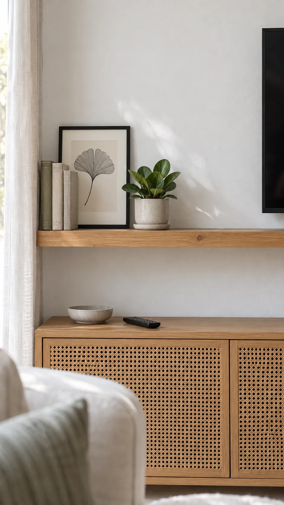 Photograph a lightly styled floating shelf beside a television, emphasizing visible empty board between small groups