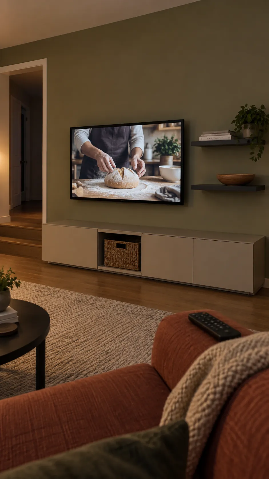 Show a finished floating shelf TV wall during a realistic evening viewing check