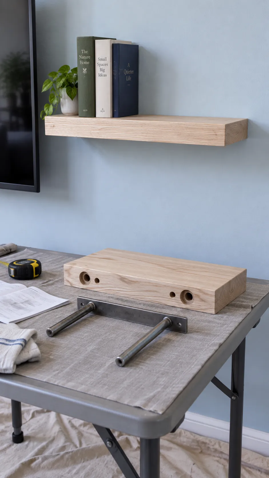 Show the physical relationship between a floating shelf, its concealed support, and a small real load in a close home installation photograph