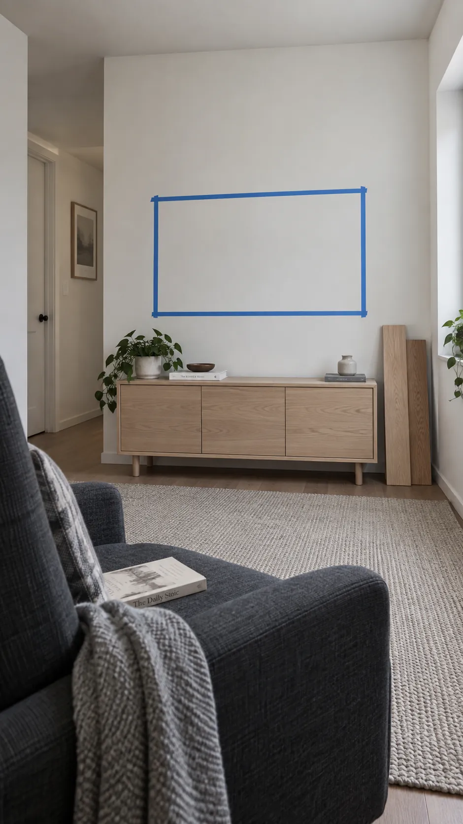 Start with the screen and seating for a paneled TV wall