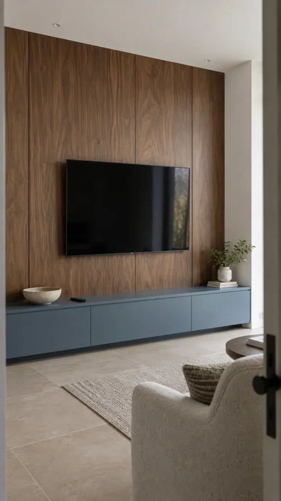 Walnut panel TV wall with a low blue media cabinet
