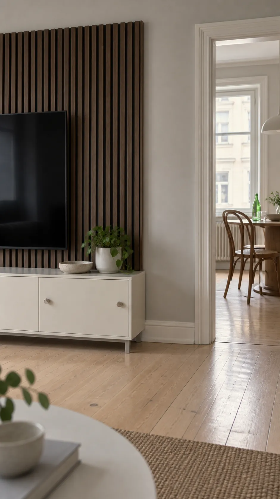 Give the paneling a deliberate stopping point for a paneled TV wall