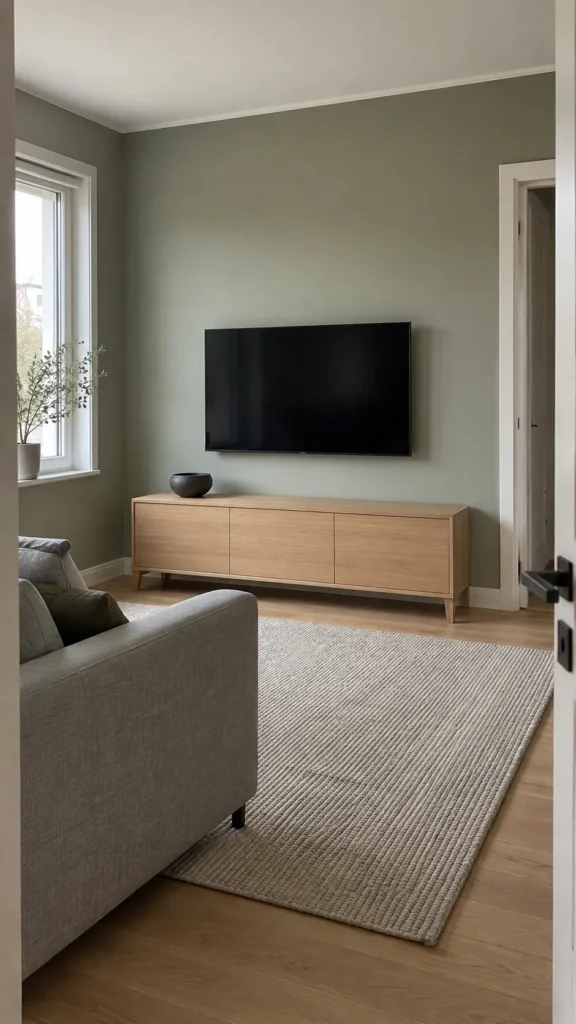 Minimalist sage TV wall with an oak console