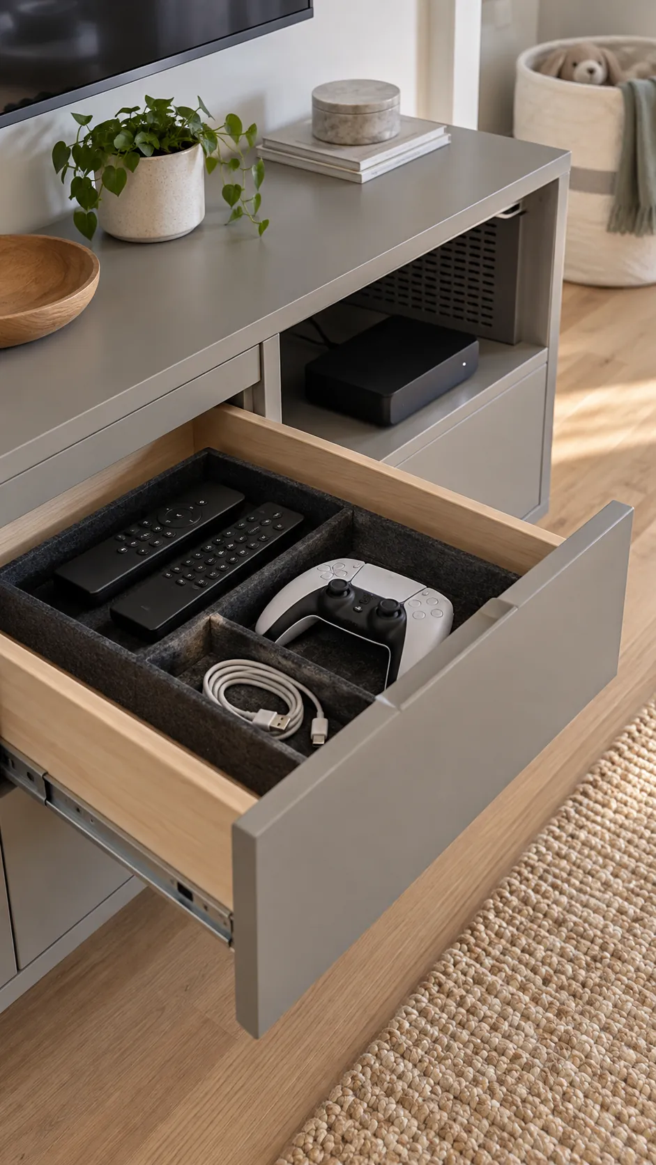 Hide the small things, keep the equipment usable in a minimalist TV setup