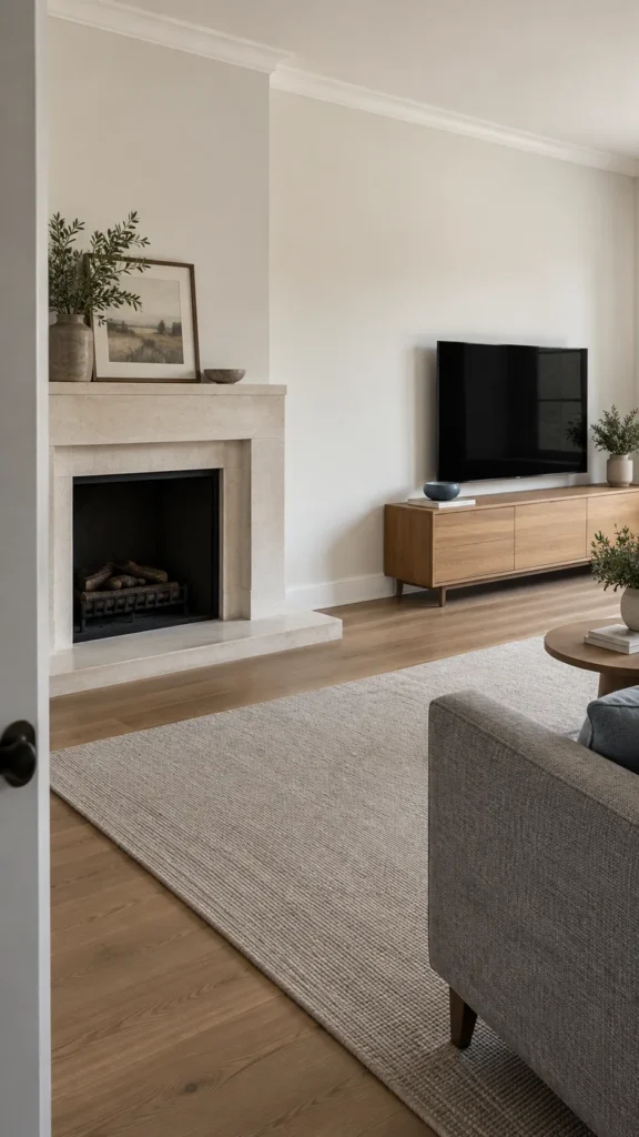 Offset television and fireplace wall with pale stone and oak
