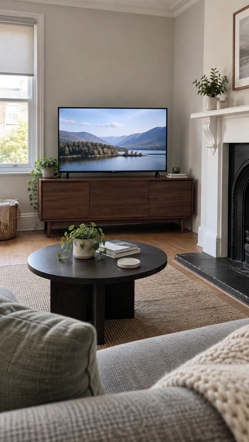 Test the screen from your actual seat when planning a TV wall with a fireplace