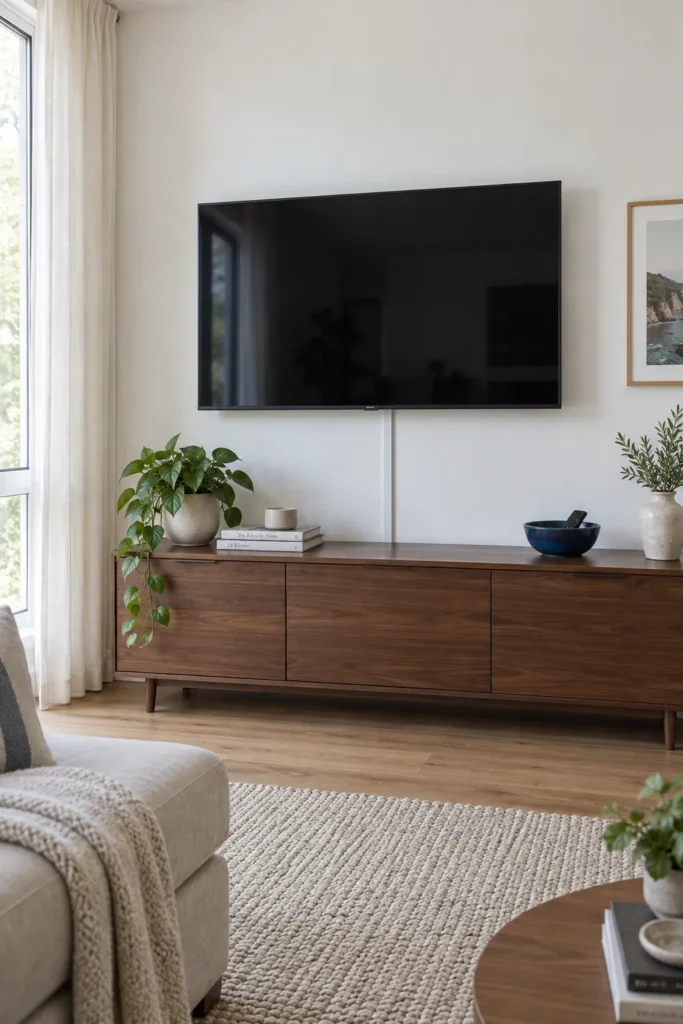 Living room television with a discreet surface cable cover above a walnut console