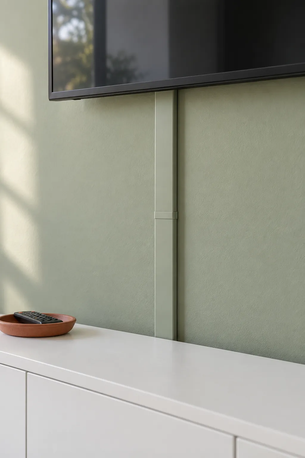 Paint matched surface cable cover running from a television toward a console