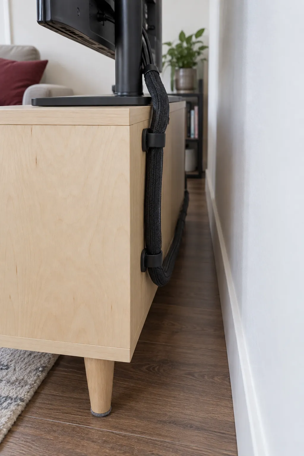 Cable sleeve secured behind freestanding TV furniture in a rental living room
