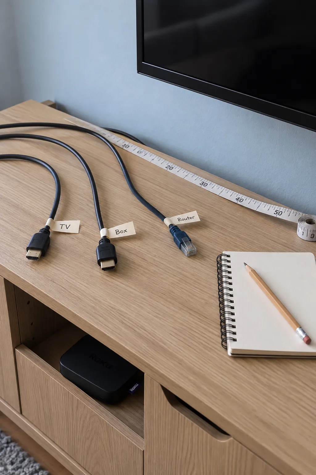 TV connection planning with labeled signal cables beside a compact console