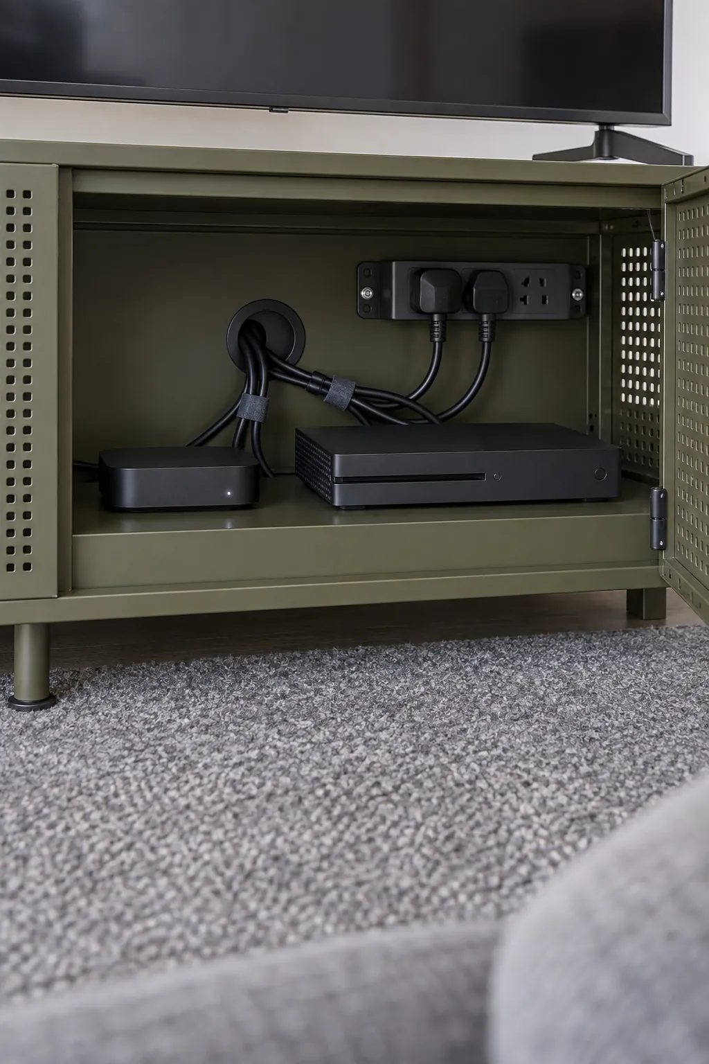Ventilated media console with loosely tied cables and accessible connections